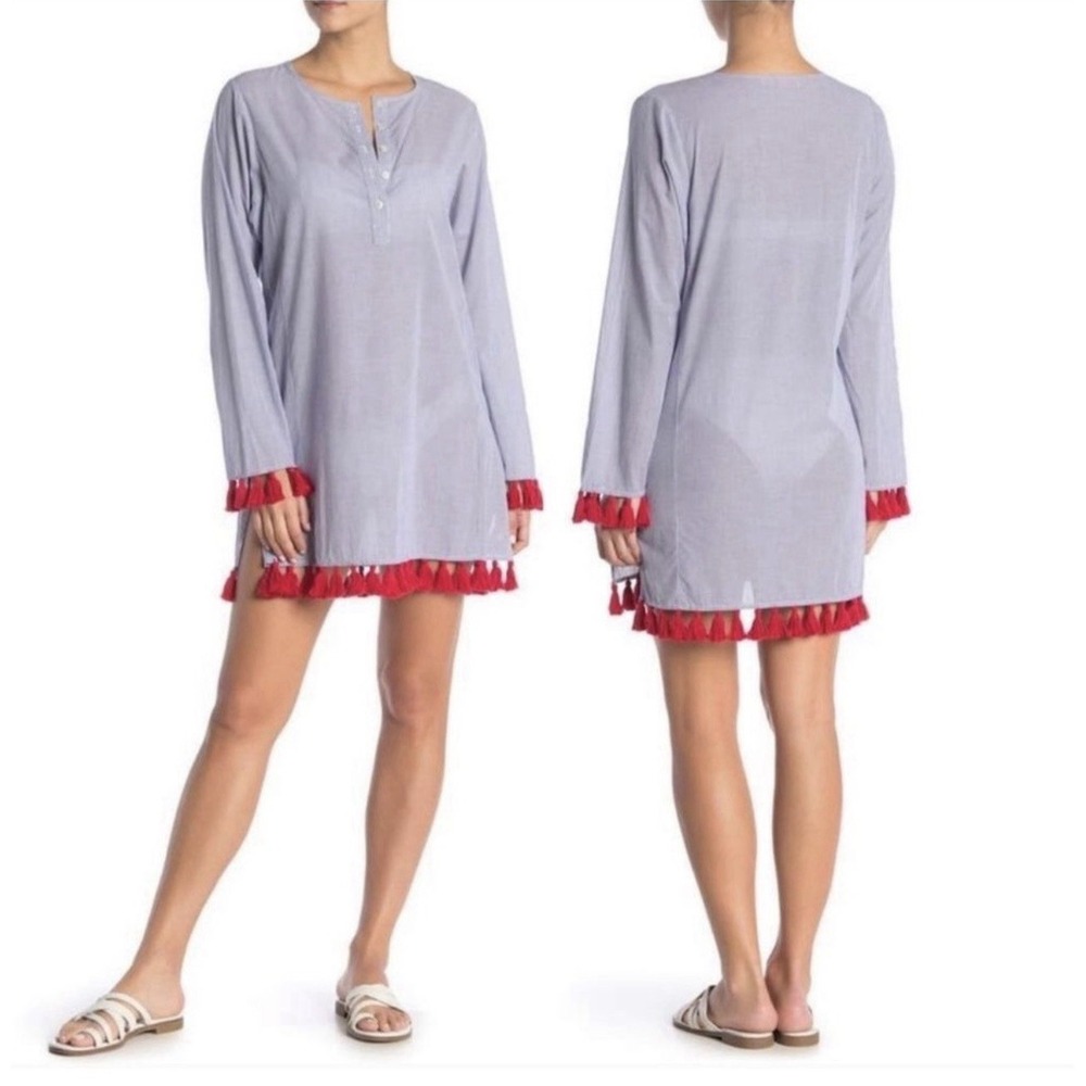 TORY BURCH Coverup Womens L Lucia Narrow Striped Red Tassel Cotton Beach Tunic